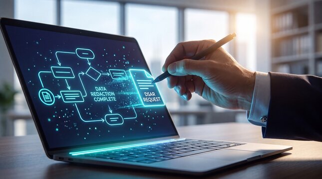 Professional hand managing digital dsar request and data redaction workflow on laptop