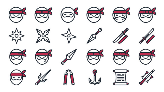 Collection of ninja flat line icons including head avatars wearing red headbands and traditional weaponry, Focused on gaming interface design and representing Japanese martial arts culture