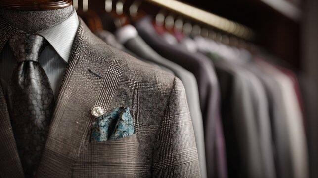 Grey textured bespoke suit jacket with silk tie and pocket square on mannequin.