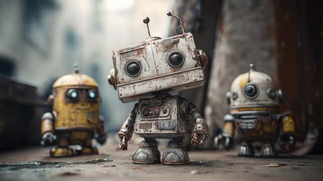 Group of small vintage robots in a desolate alley.