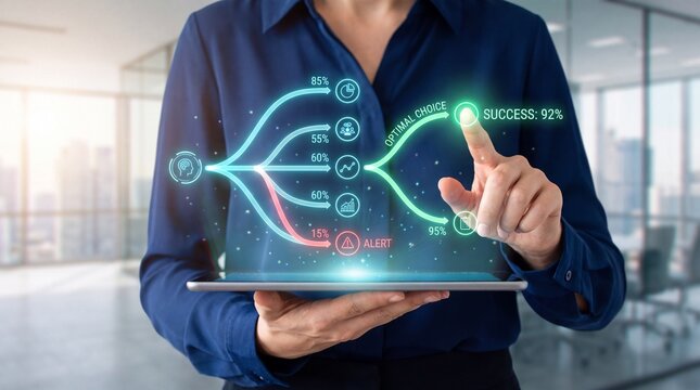 Strategic planner chooses optimal future scenario on glowing data analytics hologram