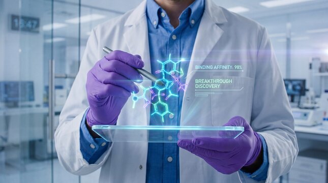 Researcher views holographic molecule binding affinity on tablet in lab