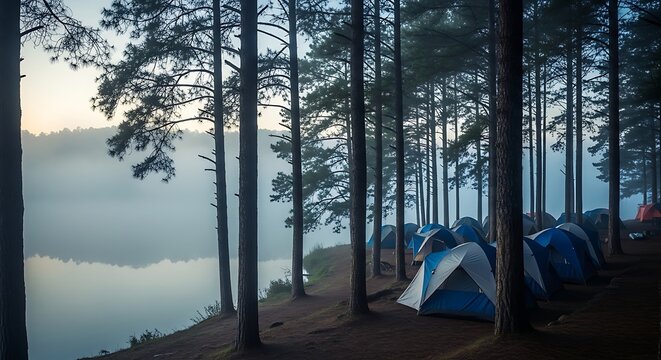 Camping tents in foggy forest landscape.