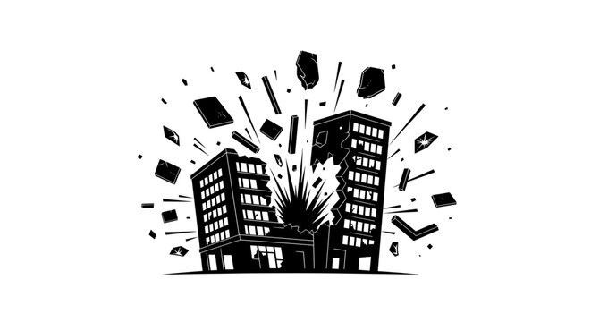 Black and white city buildings explosion.