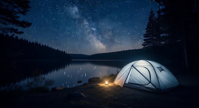 Camping under starry night sky lake.