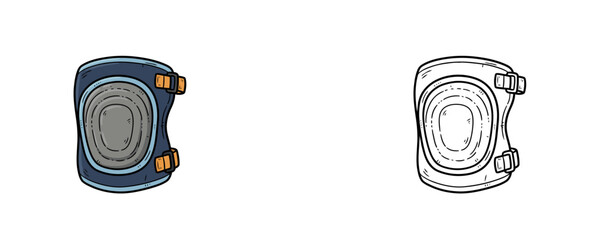 Protective sports knee pad illustrations with adjustable orange straps shown in flat color and line art versions on a white background © Dzianis