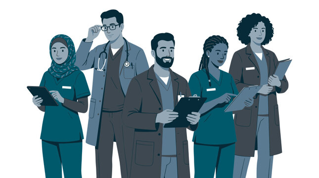 Diverse group of multicultural medical professionals and doctors in scrubs and lab coats holding clipboards and tablets, representing healthcare team unity, illustrating medical services
