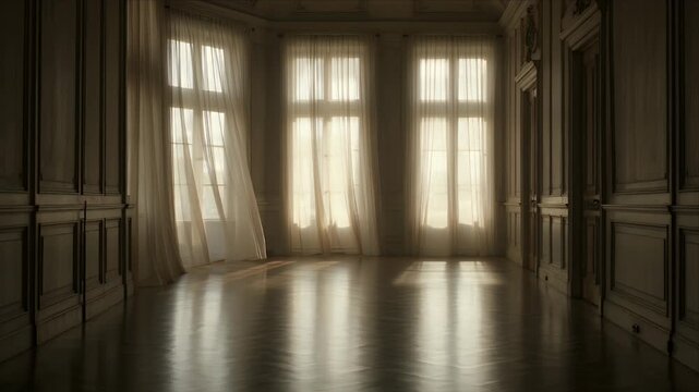 Empty room historic interior elegant manor soft light sheer curtain tall window wooden floor classic architecture vintage wall quiet atmosphere calm mood soft glow atmosphere refined historic detail