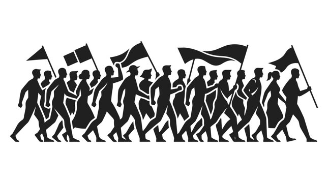 A silhouette illustration of a diverse group of people marching together with flags.