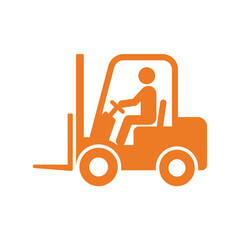 Orange forklift icon with driver operating vehicle, logistic and transport symbol © Ness