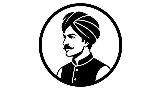 Black and white illustration of an Indian man wearing a traditional turban and vest.