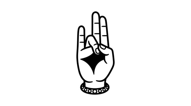 A black and white line art illustration of a hand making a symbolic mudra gesture.