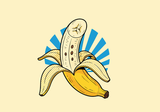 Peeled banana with blue background