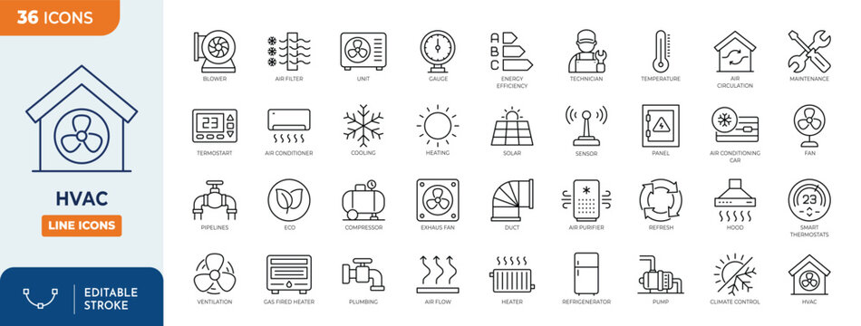 HVAC icons set. Contain icons related to air conditioning,  heating, ventilation, temperature, thermostat, and more. Editable stroke. Vector illustration