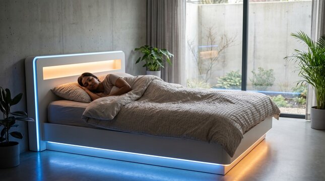 Young South Asian woman sleeping peacefully in modern bedroom with sma