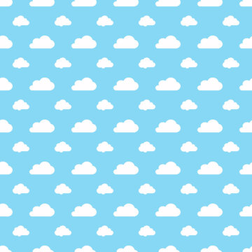 Minimal seamless cloud pattern with white cartoon clouds on a bright blue background. Clean repeating sky design perfect for nursery decor, fabric, wallpaper and digital backgrounds.