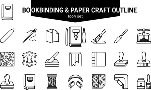 Bookbinding and Paper Craft Outline Icon Set with Bone Folder, Bookbinding Needle, Book Press and Japanese Stab Binding, 20 Icons Editable Strokes