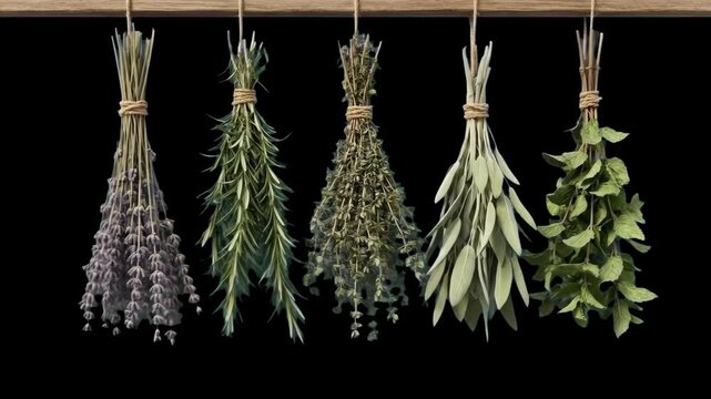 3D animation of various dried herbs such as sage, rosemary, and thyme hanging upside down on a wooden beam.