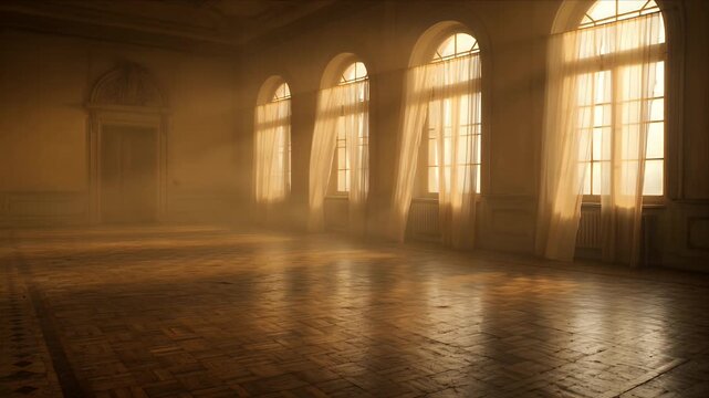 Sunlit empty manor hall interior with grand arched window sheer curtain and historic vintage architecture where golden light sunbeam and soft light ray reveal dusty atmosphere wooden parquet floor