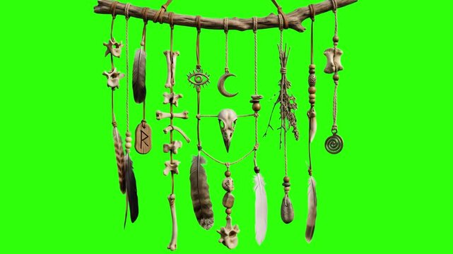 High-detail 3D render of a ritual pagan hanging charm with animal bones, feathers, and runic amulets, isolated on a bright green screen chroma key background. Perfect for dark fantasy game overlays, w