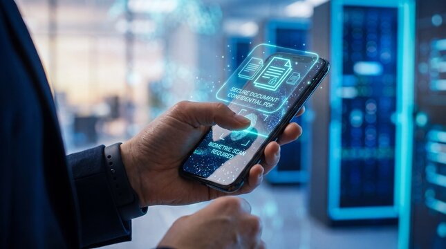 Person uses smartphone for biometric security scan to access confidential document in data center