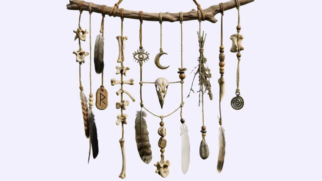 Detailed 3D model of a pagan ritual garland featuring hanging bones, feathers, wooden runes, and a crescent moon symbol, isolated on a clean light background. Ideal for witchy aesthetic displays, esot