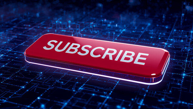 サイバー空間に浮かぶ赤いSUBSCRIBEボタン素材