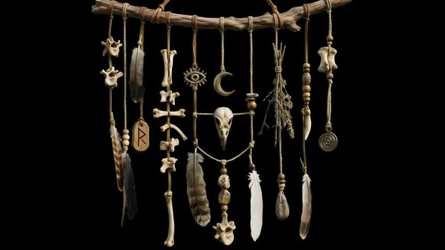An authentic tribal shamanic dreamcatcher made of hanging animal bones, feathers, runes, and a bird skull suspended on a wooden branch, isolated against a dark black studio backdrop. Perfect for dark 