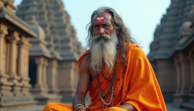 Elderly Indian man, Hindu holy hermit in orange robe, sits in front of ancient temple architecture. He has long grey hair, beard with red mark on his forehead. Spiritual man poses for portrait photo.