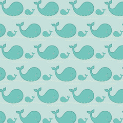 Adorable seamless whale pattern featuring smiling whales and baby whales on soft blue waves. Cute repeating ocean design for nursery decor, fabric, wallpaper and baby products. © MedReda