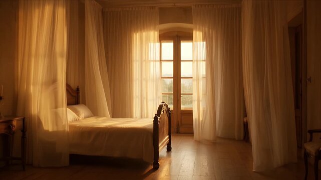 Cozy bedroom manor interior with warm morning sunlight through sheer curtain over classic wooden bed and pillow on soft sheet near window rustic wood floor elegant classic serene atmosphere