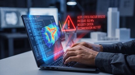 Fototapeta premium Engineer hands on laptop displaying holographic stress fracture alert in night office