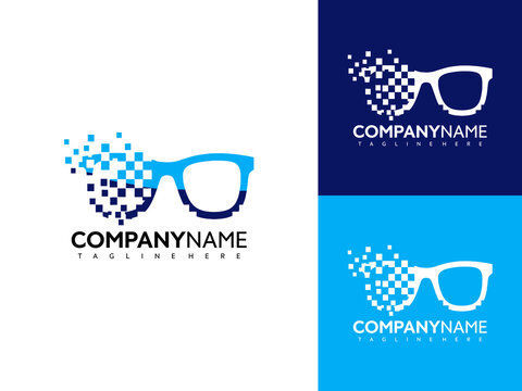 A creative graphic design showcases stylish glasses with a modern pixelated pattern on a contrasting background