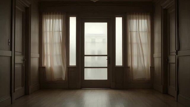 Empty hallway with soft curtain light and door in calm manor interior minimal home entrance hallway wooden floor warm window drape and tranquil minimalist design atmosphere
