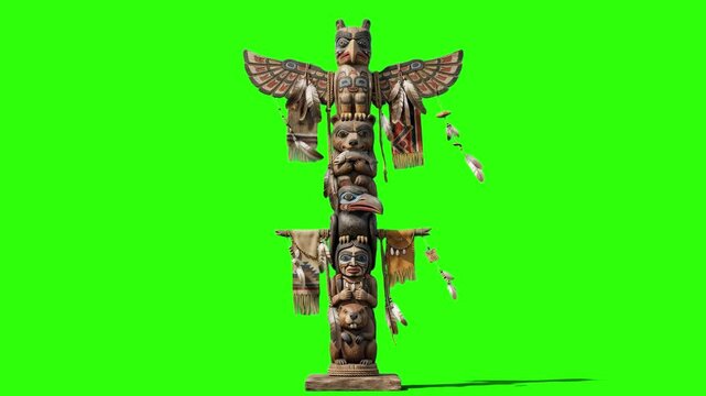 High-contrast 3D render of a carved wooden Native American totem pole with a Thunderbird and feathers, isolated on a bright green screen chroma key background. Excellent for indigenous history documen