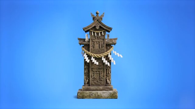 A detailed miniature Japanese Shinto shrine or sacred stone totem decorated with a traditional shimenawa straw rope and white shide paper streamers. This spiritual stone monument asset is isolated on 