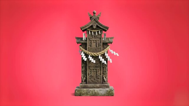 High-detail 3D render of an ancient Japanese Shinto hokora shrine with sacred shimenawa rope, set against a bright solid red background. Perfect for oriental culture presentations, historical video pr