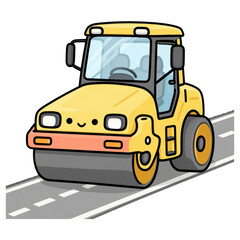 Naklejka premium Kawaii Steamroller: A cheerful, cartoon-style steamroller with a happy face rolls along a road, ready to smooth out the way with its big cylinder.