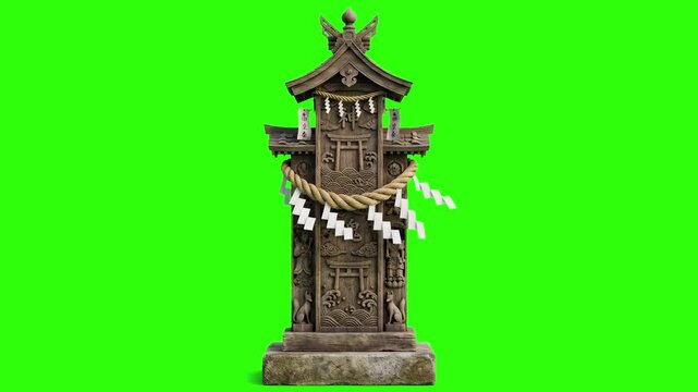 Detailed 3D model of a traditional wooden Japanese Shinto shrine (Hokora) decorated with a shimenawa rope and paper shide, isolated on a solid green screen chroma key background. Ideal for Japanese cu