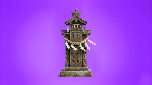 A detailed miniature Japanese Shinto shrine or sacred stone totem decorated with a traditional shimenawa straw rope and white shide paper streamers. This spiritual stone monument asset is isolated on 