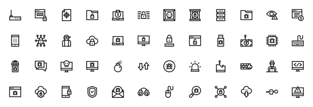 Cyber crimes icon set. Minimal vector icons pack. Includes symbols for hacking, virus, ransomware, phishing, spy, firewall, password, hacker, cloud computing, smartphone, alert, handcuffs, and more. E