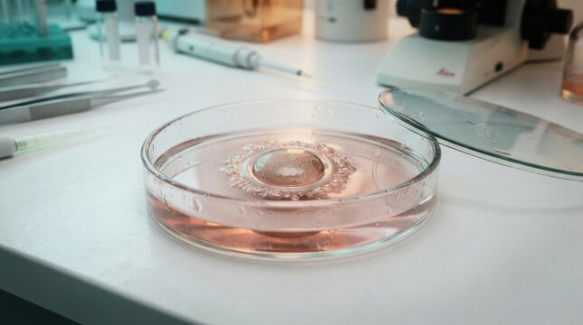 A human egg cell ovum is seen in a petri dish filled with fluid in a lab. Scientific tools are arranged around the dish.
