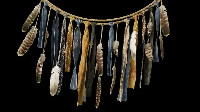 Traditional tribal garland made of hanging cloth strips, bird feathers, and natural ropes isolated on a black background. Ideal for shamanic rituals, Native American culture documentaries, boho style 