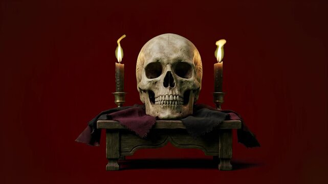 A realistic human skull sits on a dark wooden altar flanked by two burning candles with flickering flames against a deep red backdrop. This eerie 3D scene is perfect for Halloween themes, gothic horro