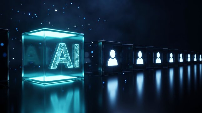 A glowing glass cube featuring the circuit board ai symbol followed by a row of illuminated human user icons