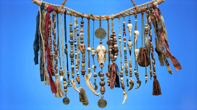 A detailed shamanic wall hanging decorated with a central animal skull, hanging beads, bones, charms, and leather straps sways against a solid blue screen background. Excellent for dark fantasy games,
