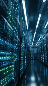 Gleaming data center aisle with rows of glowing server racks, illuminated by cool blue and green LEDs, suggesting digital processing, cloud computing, and advanced technology infrastructure