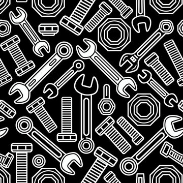 Seamless pattern of various tools and fasteners on black background