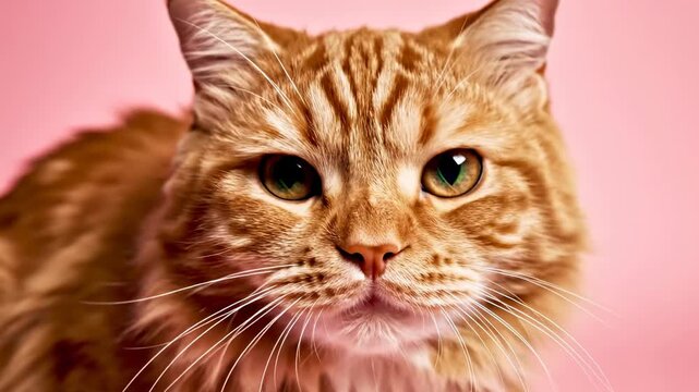 Orange tabby cat looking at camera on pink background