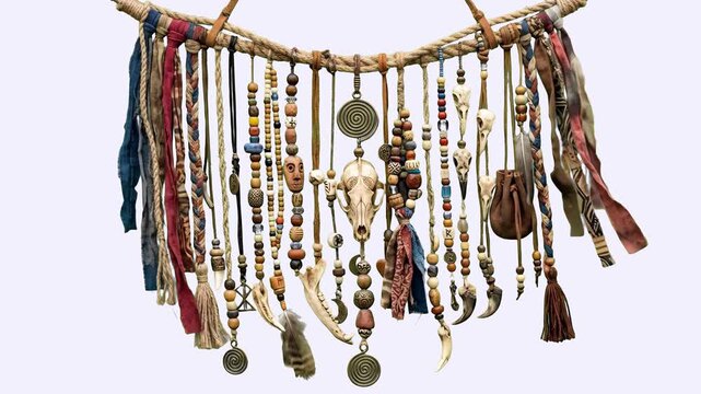 Detailed 3D model of an intricate shamanic hanging charm featuring animal skulls, claws, feathers, and decorative beads, isolated on a clean white background with soft shadows. Ideal for fantasy game 